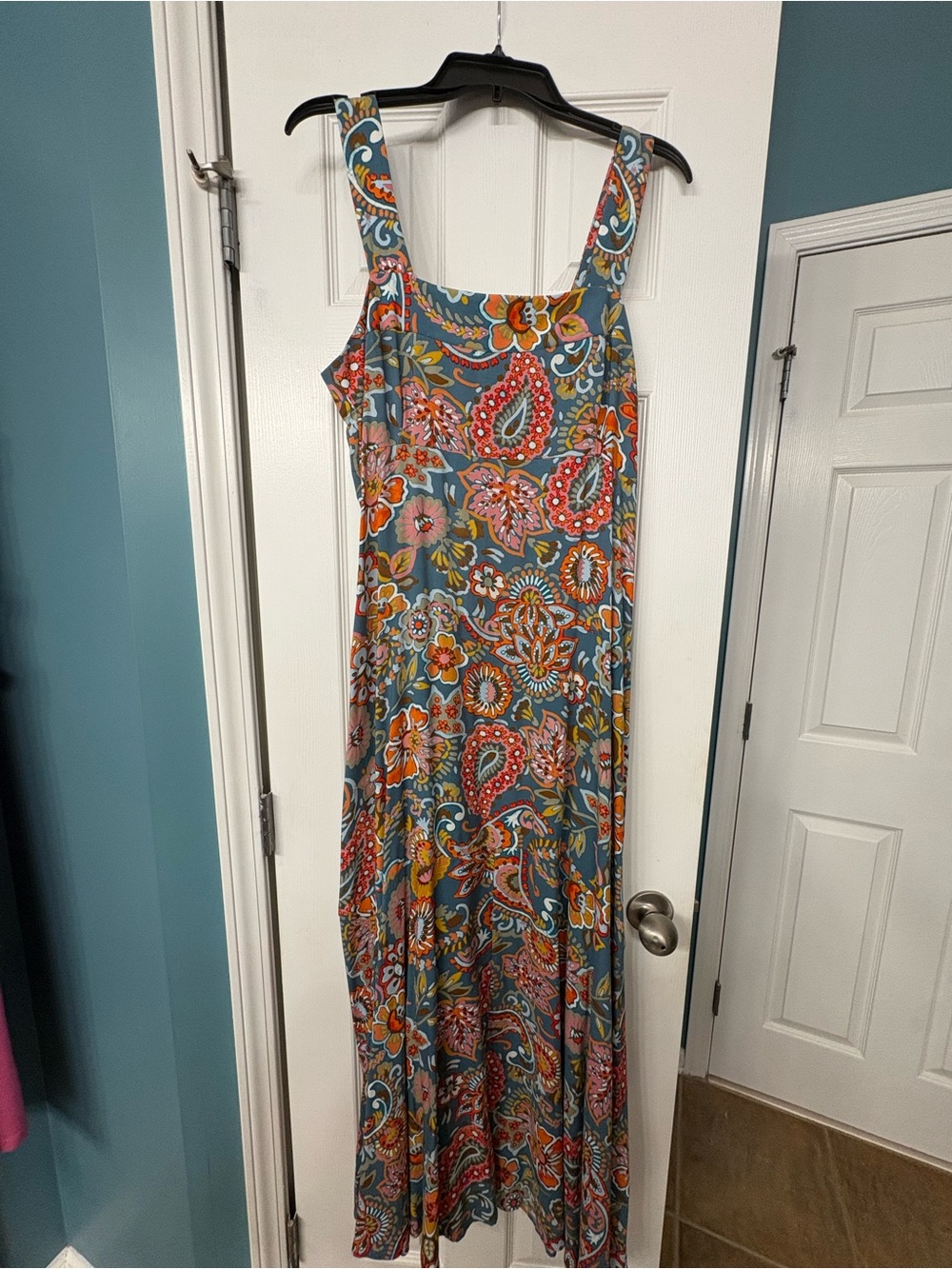 Vince Camuto Teal Maxi Dress with Coral and Orange Paisley